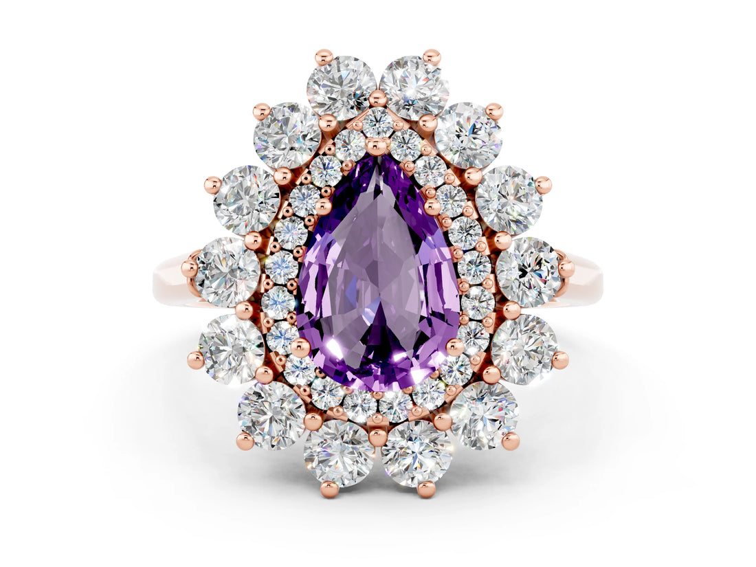Rose gold Pear Cut Halo Cluster Diamond Ring with Pave Band and Four-Prong Setting_12