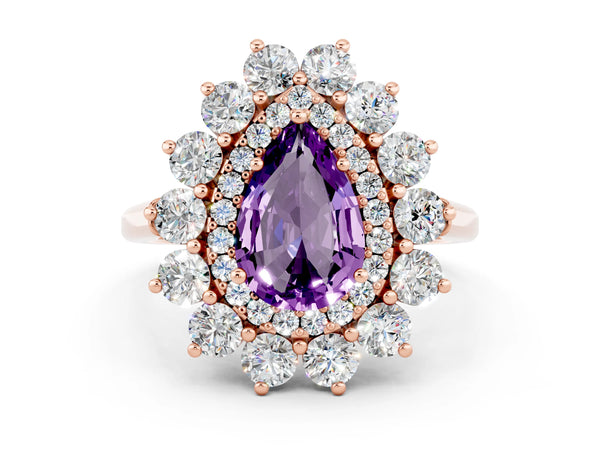 Rose gold Pear Cut Amethyst Floral Double Halo Engagement Ring with Prong Setting