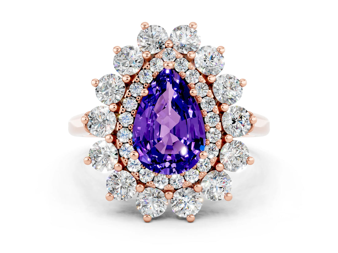 Rose gold Pear Cut Halo Cluster Diamond Ring with Pave Band and Four-Prong Setting_12
