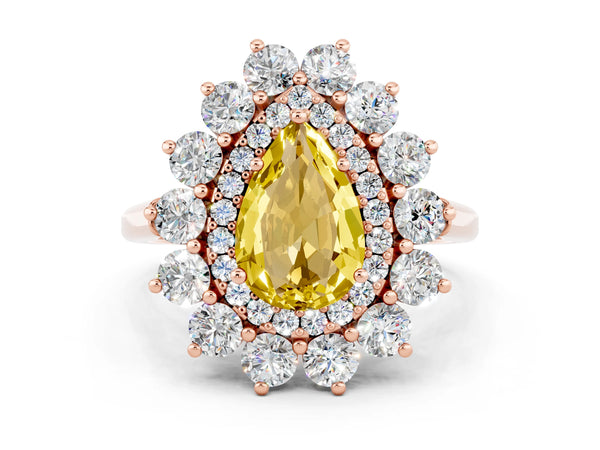 Rose gold Pear Cut Yellow Sapphire Floral Double Halo Engagement Ring with Prong Setting