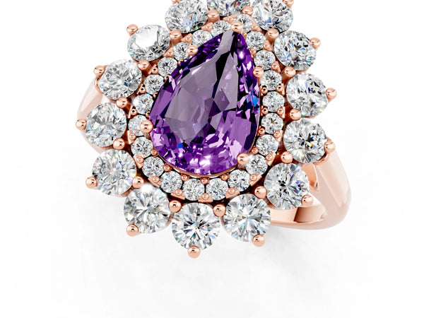 Rose gold Pear Cut Amethyst Floral Double Halo Engagement Ring with Prong Setting