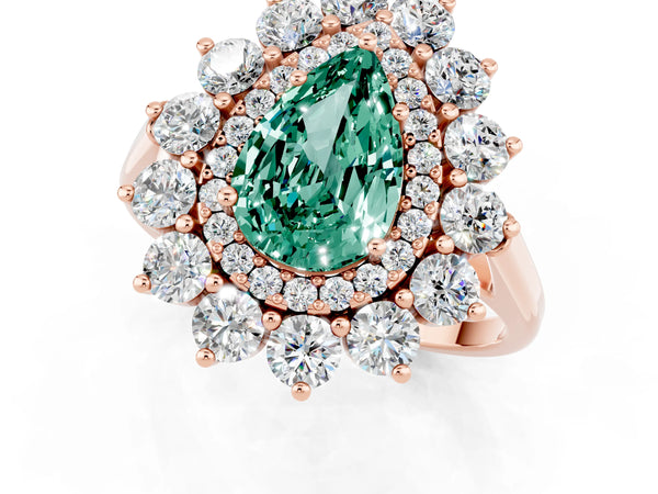 Rose gold Pear Cut Green Sapphire Floral Double Halo Engagement Ring with Prong Setting