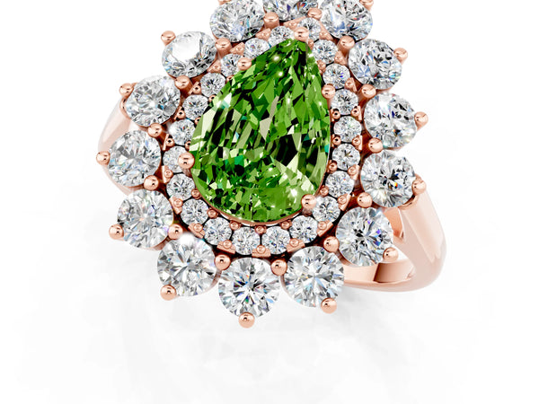 Rose gold Pear Cut Peridot Floral Double Halo Engagement Ring with Prong Setting