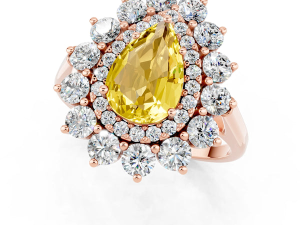 Rose gold Pear Cut Yellow Sapphire Floral Double Halo Engagement Ring with Prong Setting