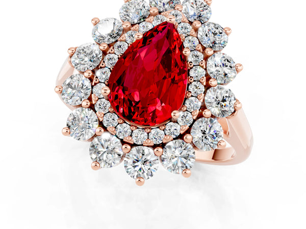 Rose gold Pear Cut Ruby Floral Double Halo Engagement Ring with Prong Setting
