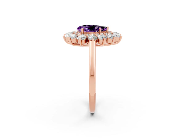 Rose gold Pear Cut Amethyst Floral Double Halo Engagement Ring with Prong Setting