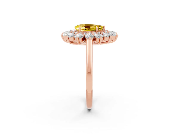 Rose gold Pear Cut Yellow Sapphire Floral Double Halo Engagement Ring with Prong Setting