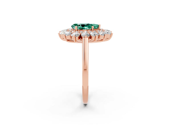 Rose gold Pear Cut Green Sapphire Floral Double Halo Engagement Ring with Prong Setting