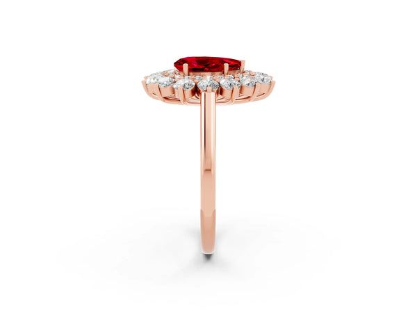 Rose gold Pear Cut Ruby Floral Double Halo Engagement Ring with Prong Setting