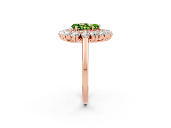 Rose gold Pear Cut Peridot Floral Double Halo Engagement Ring with Prong Setting