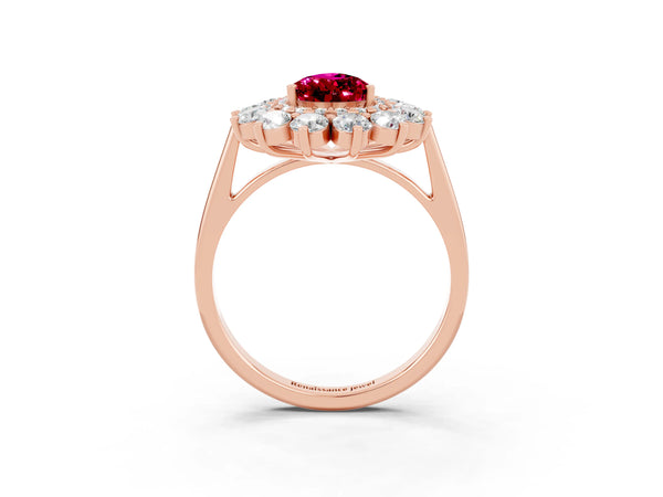 Rose gold Pear Cut Garnet Floral Double Halo Engagement Ring with Prong Setting
