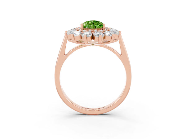 Rose gold Pear Cut Peridot Floral Double Halo Engagement Ring with Prong Setting