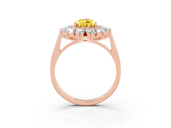 Rose gold Pear Cut Yellow Sapphire Floral Double Halo Engagement Ring with Prong Setting