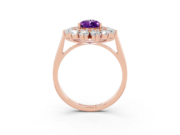 Rose gold Pear Cut Amethyst Floral Double Halo Engagement Ring with Prong Setting