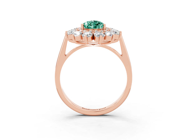 Rose gold Pear Cut Green Sapphire Floral Double Halo Engagement Ring with Prong Setting
