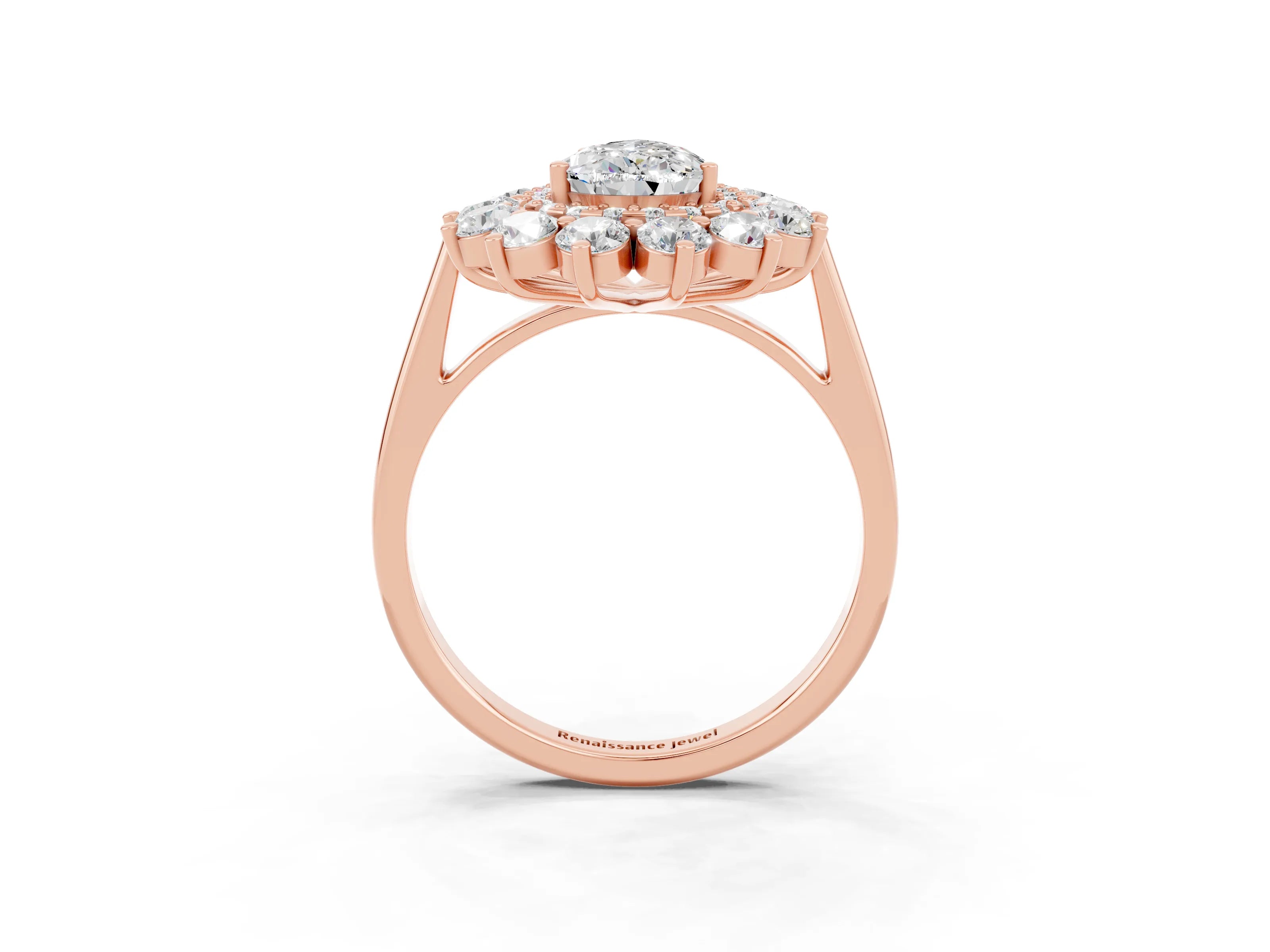 Rose gold Pear Cut Halo Cluster Diamond Ring with Pave Band and Four-Prong Setting_15