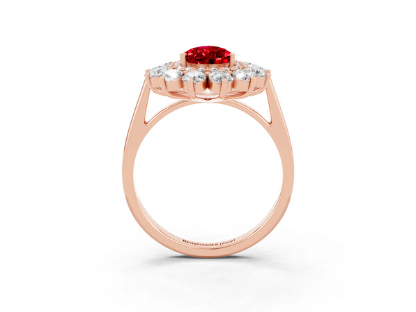 Rose gold Pear Cut Ruby Floral Double Halo Engagement Ring with Prong Setting