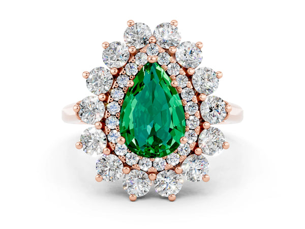 Rose gold Pear Cut Emerald Floral Double Halo Engagement Ring with Prong Setting