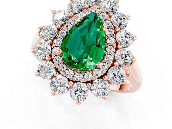 Rose gold Pear Cut Emerald Floral Double Halo Engagement Ring with Prong Setting