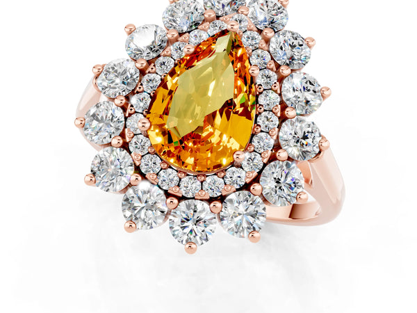 Rose gold Pear Cut Citrine Floral Double Halo Engagement Ring with Prong Setting
