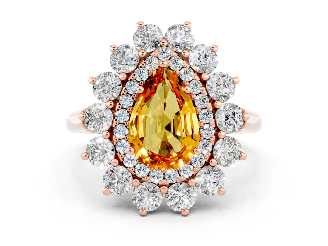 Rose gold Pear Cut Halo Cluster Diamond Ring with Pave Band and Four-Prong Setting
