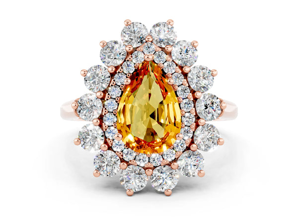 Rose gold Pear Cut Citrine Floral Double Halo Engagement Ring with Prong Setting