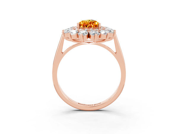 Rose gold Pear Cut Citrine Floral Double Halo Engagement Ring with Prong Setting