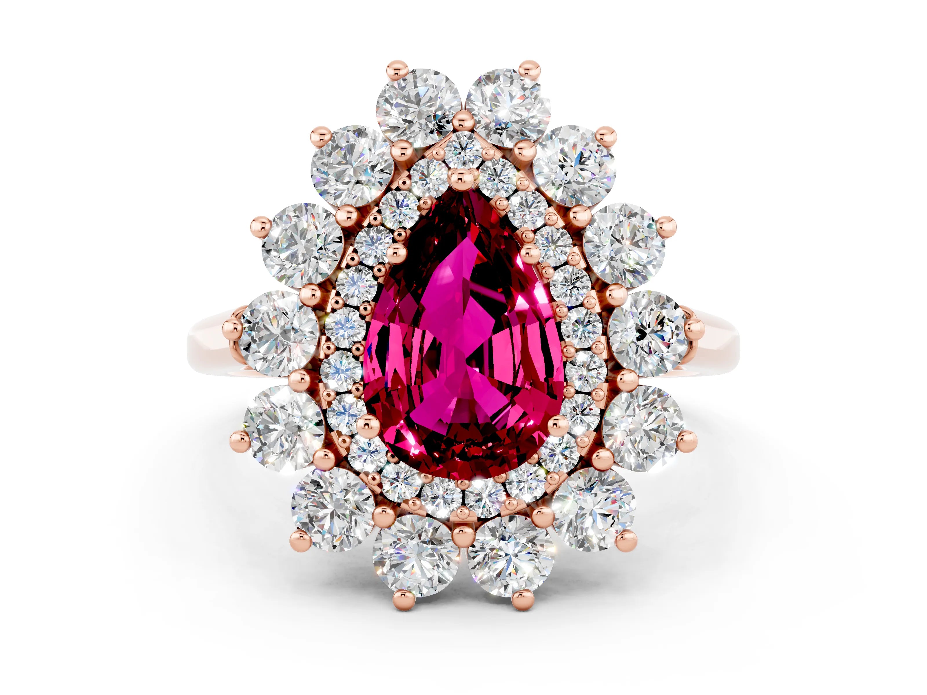 Rose gold Pear Cut Halo Cluster Diamond Ring with Pave Band and Four-Prong Setting