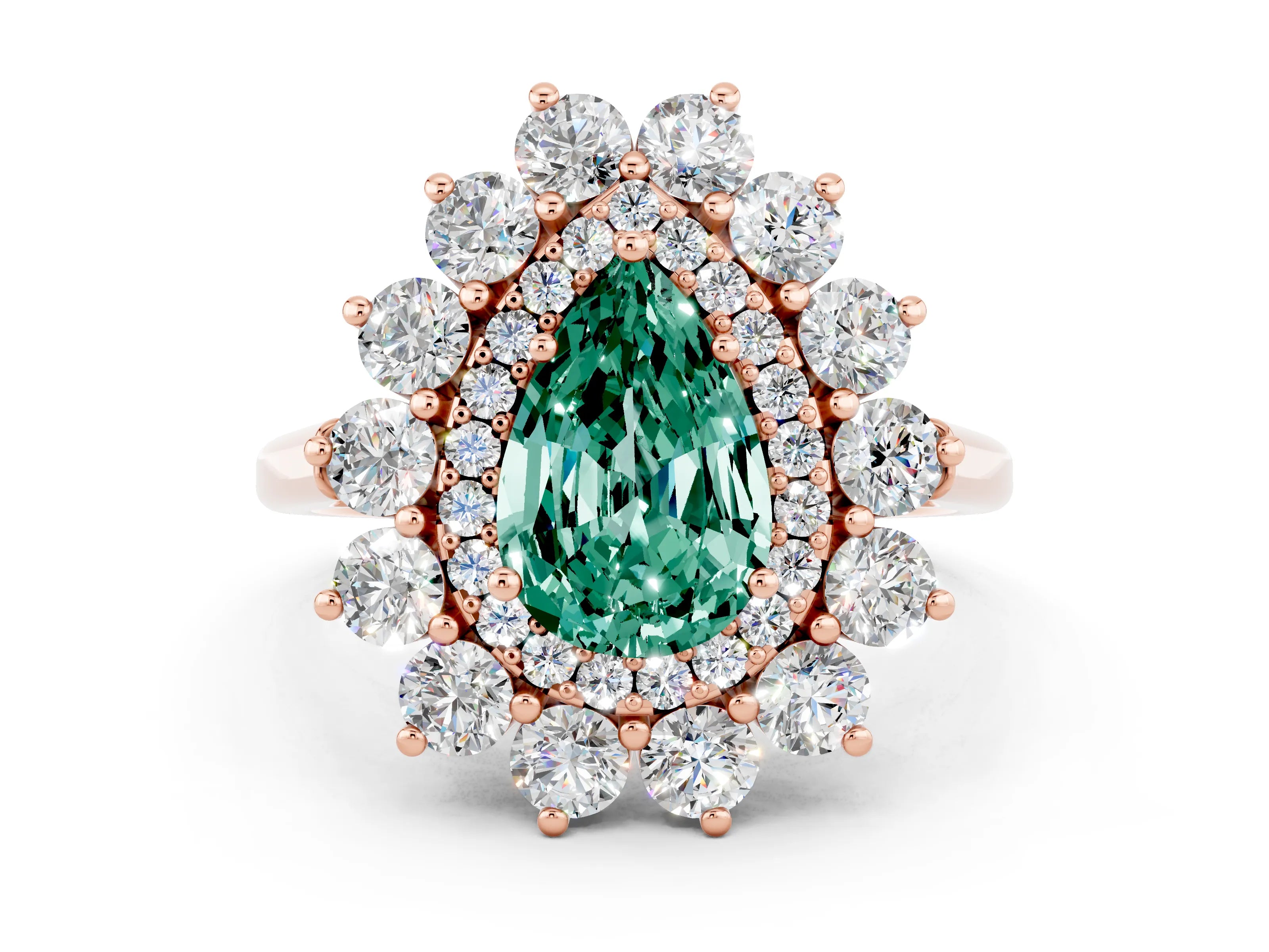 Rose gold Pear Cut Halo Cluster Diamond Ring with Pave Band and Four-Prong Setting