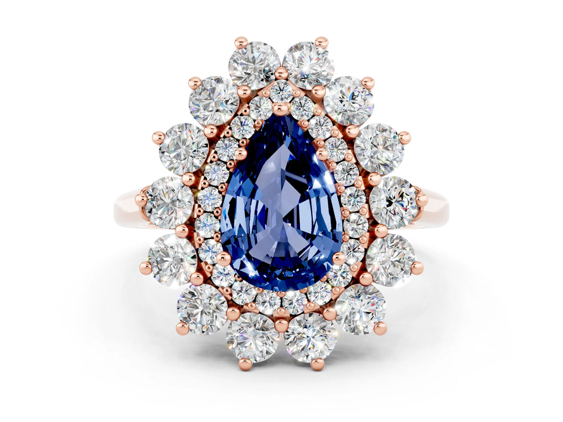 Rose gold Pear Cut Halo Cluster Diamond Ring with Pave Band and Four-Prong Setting