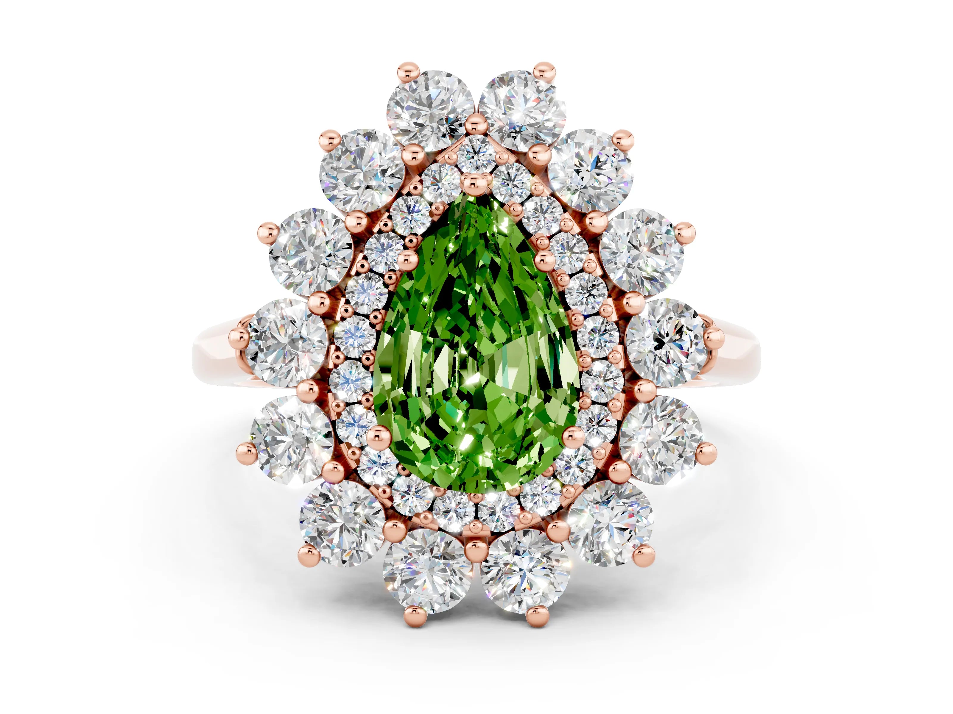Rose gold Pear Cut Halo Cluster Diamond Ring with Pave Band and Four-Prong Setting