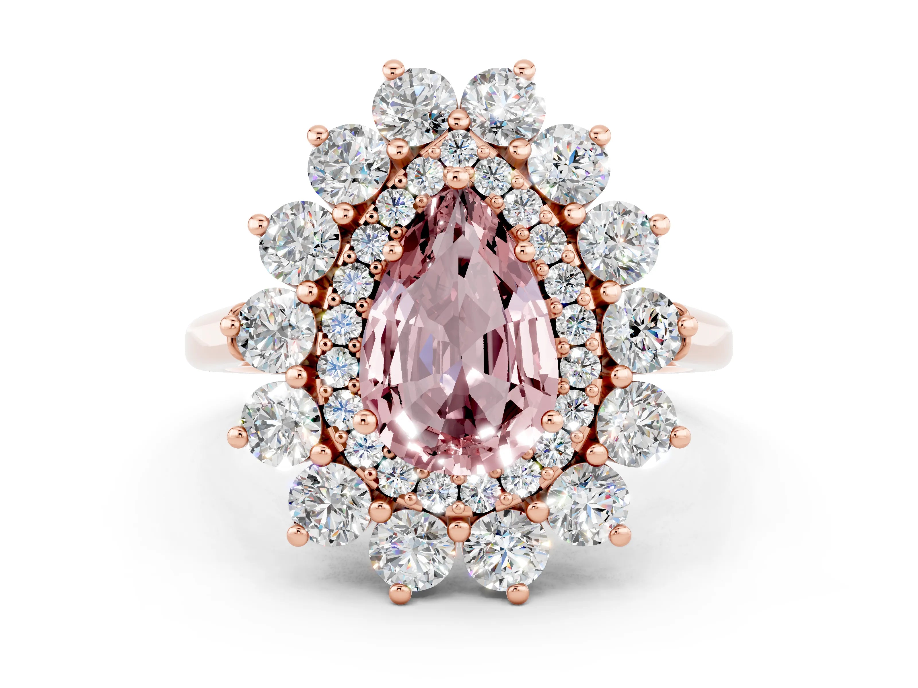 Rose gold Pear Cut Halo Cluster Diamond Ring with Pave Band and Four-Prong Setting