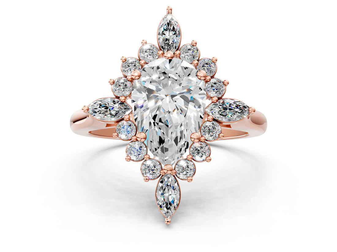 Rose gold Pear Cut Halo Diamond Cluster Ring with Marquise and Round Stones on a White Gold Band with Prong Setting_15