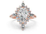 Rose gold Pear Cut Halo Diamond Cluster Ring with Marquise and Round Stones on a White Gold Band with Prong Setting_15