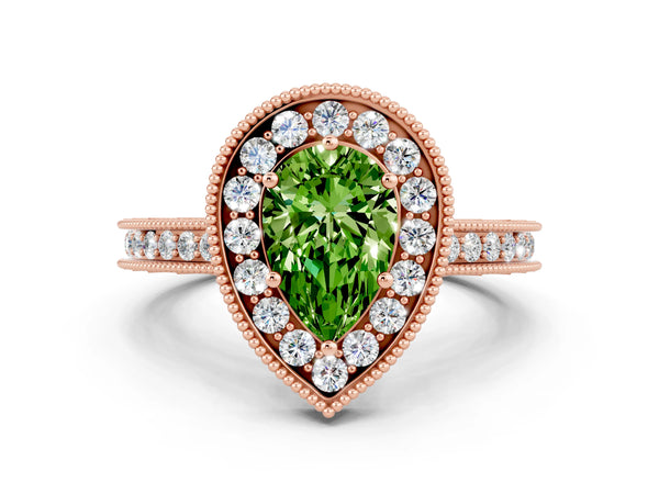 Rose gold Pear Cut Halo Diamond Engagement Ring with Milgrain Pave Band and Four-Prong Setting