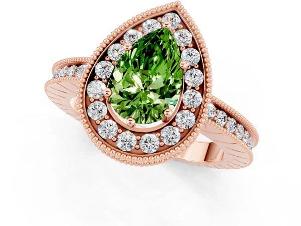 Rose gold Pear Cut Halo Diamond Engagement Ring with Milgrain Pave Band and Four-Prong Setting
