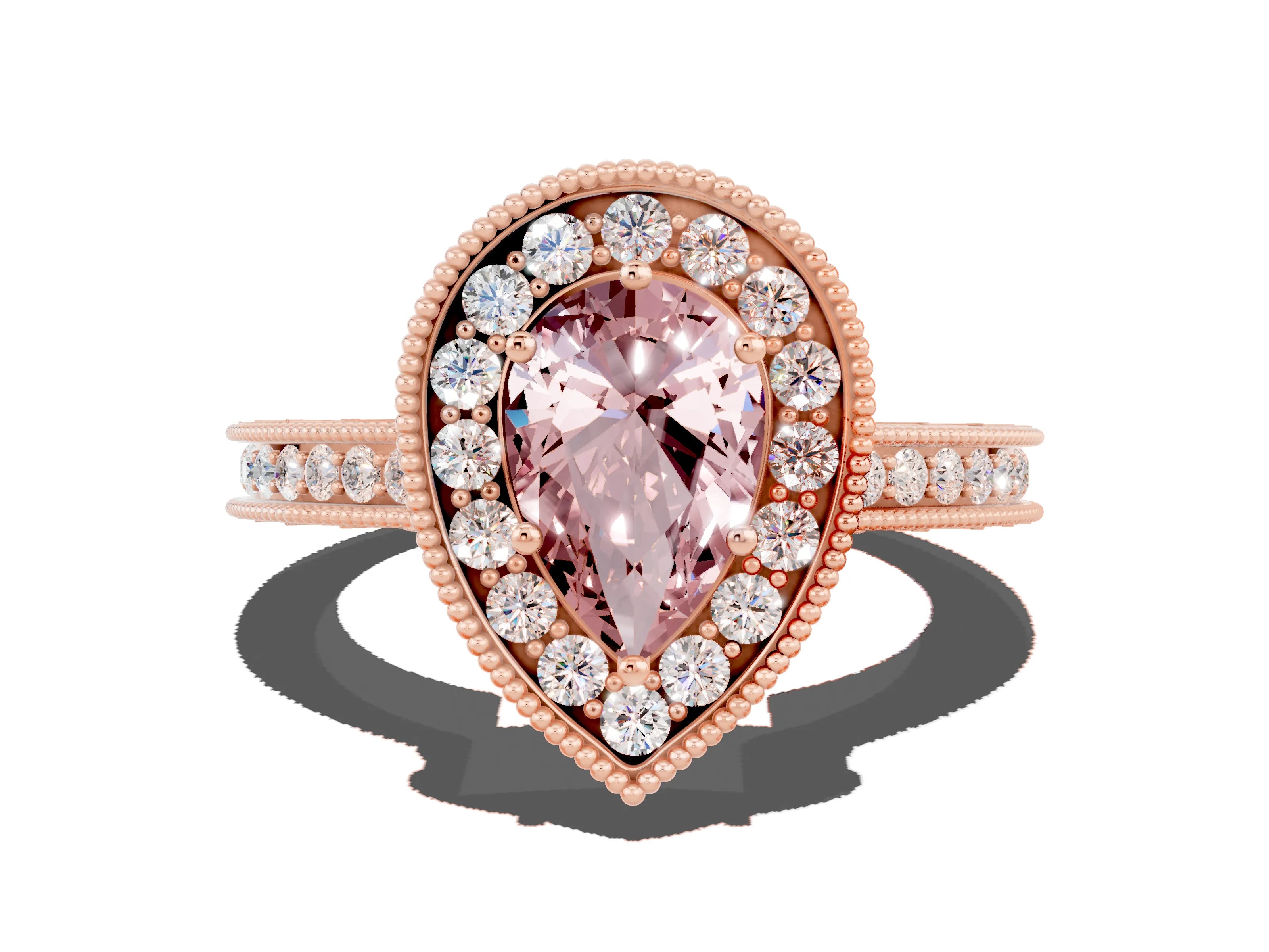 Rose gold Pear Cut Halo Diamond Engagement Ring with Milgrain Pave Band and Four-Prong Setting