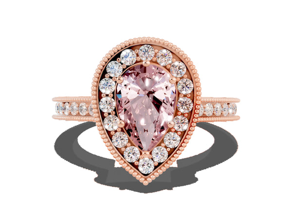 Rose gold Pear Cut Halo Diamond Engagement Ring with Milgrain Pave Band and Four-Prong Setting