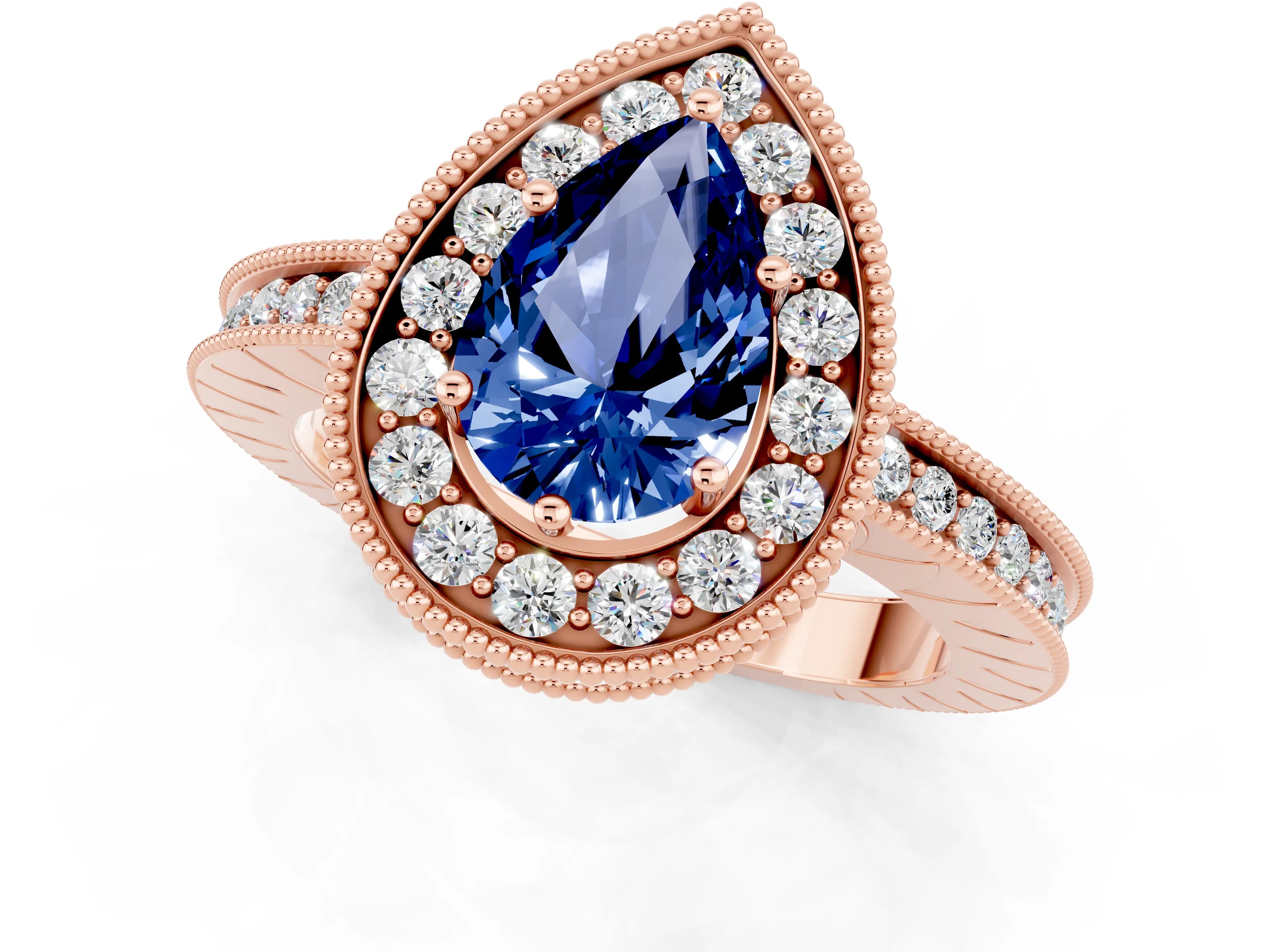Rose gold Pear Cut Halo Diamond Engagement Ring with Milgrain Pave Band and Four-Prong Setting_1