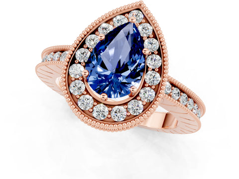 Rose gold Pear Cut Halo Diamond Engagement Ring with Milgrain Pave Band and Four-Prong Setting_1
