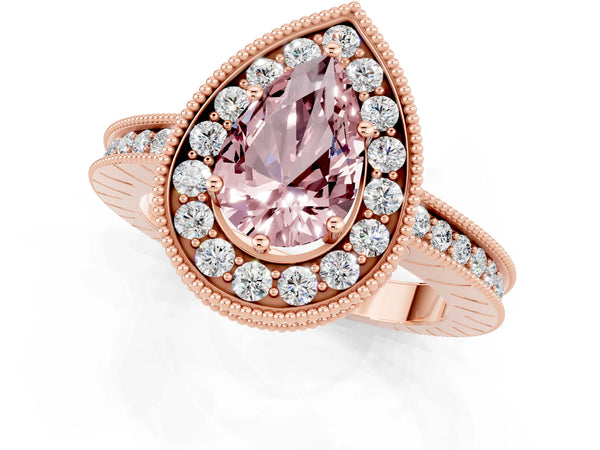 Rose gold Pear Cut Halo Diamond Engagement Ring with Milgrain Pave Band and Four-Prong Setting