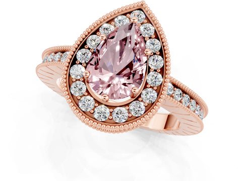 Rose gold Pear Cut Halo Diamond Engagement Ring with Milgrain Pave Band and Four-Prong Setting_1