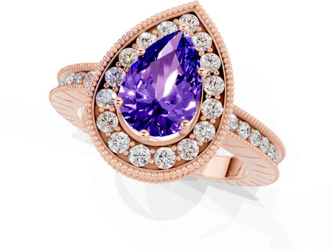Rose gold Pear Cut Halo Diamond Engagement Ring with Milgrain Pave Band and Four-Prong Setting_1