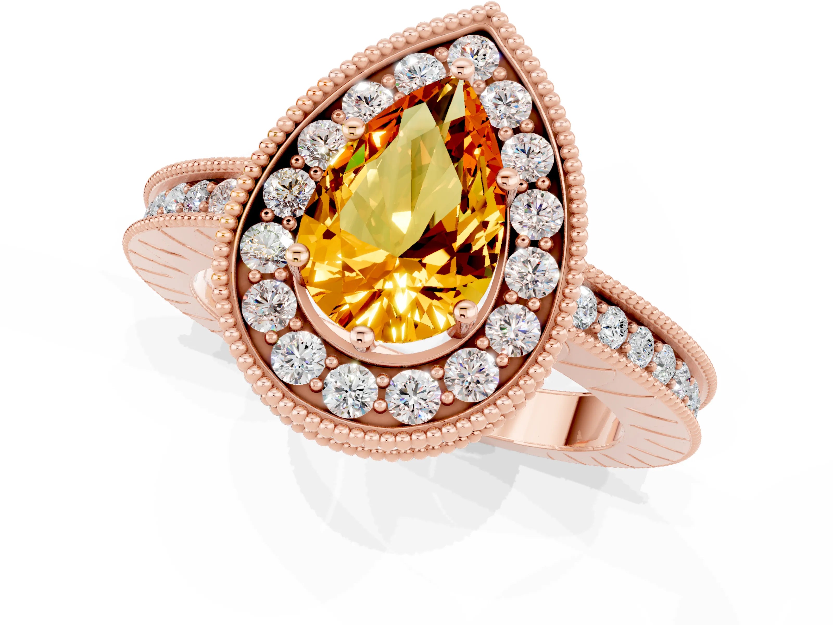 Rose gold Pear Cut Halo Diamond Engagement Ring with Milgrain Pave Band and Four-Prong Setting_1