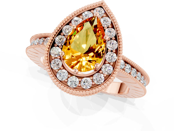 Rose gold Pear Cut Halo Diamond Engagement Ring with Milgrain Pave Band and Four-Prong Setting