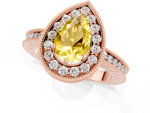 Rose gold Pear Cut Halo Diamond Engagement Ring with Milgrain Pave Band and Four-Prong Setting