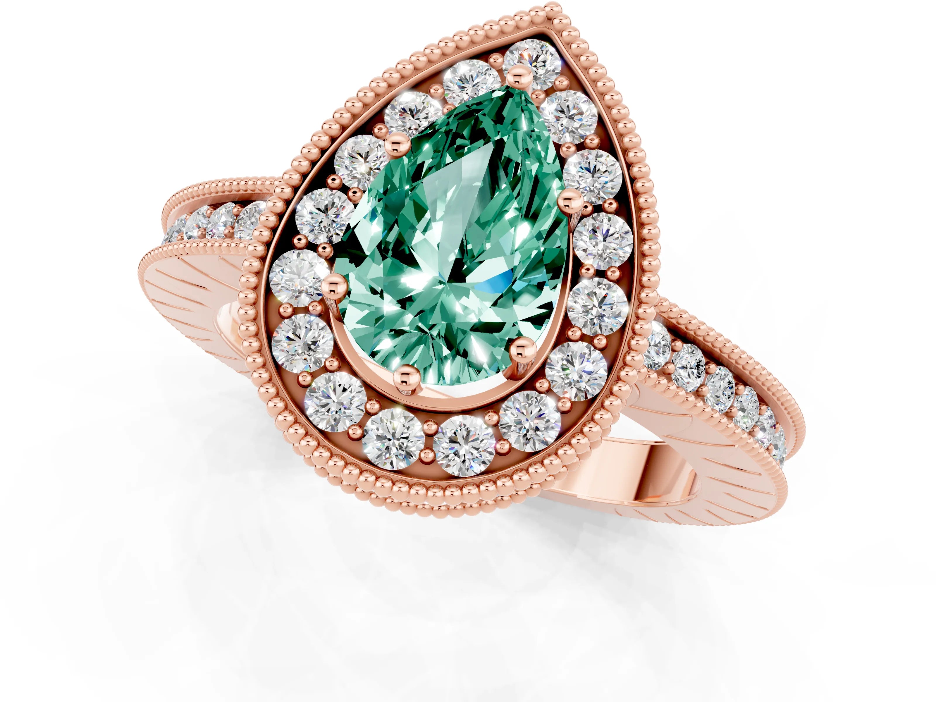 Rose gold Pear Cut Halo Diamond Engagement Ring with Milgrain Pave Band and Four-Prong Setting_1
