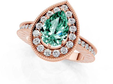 Rose gold Pear Cut Halo Diamond Engagement Ring with Milgrain Pave Band and Four-Prong Setting_1