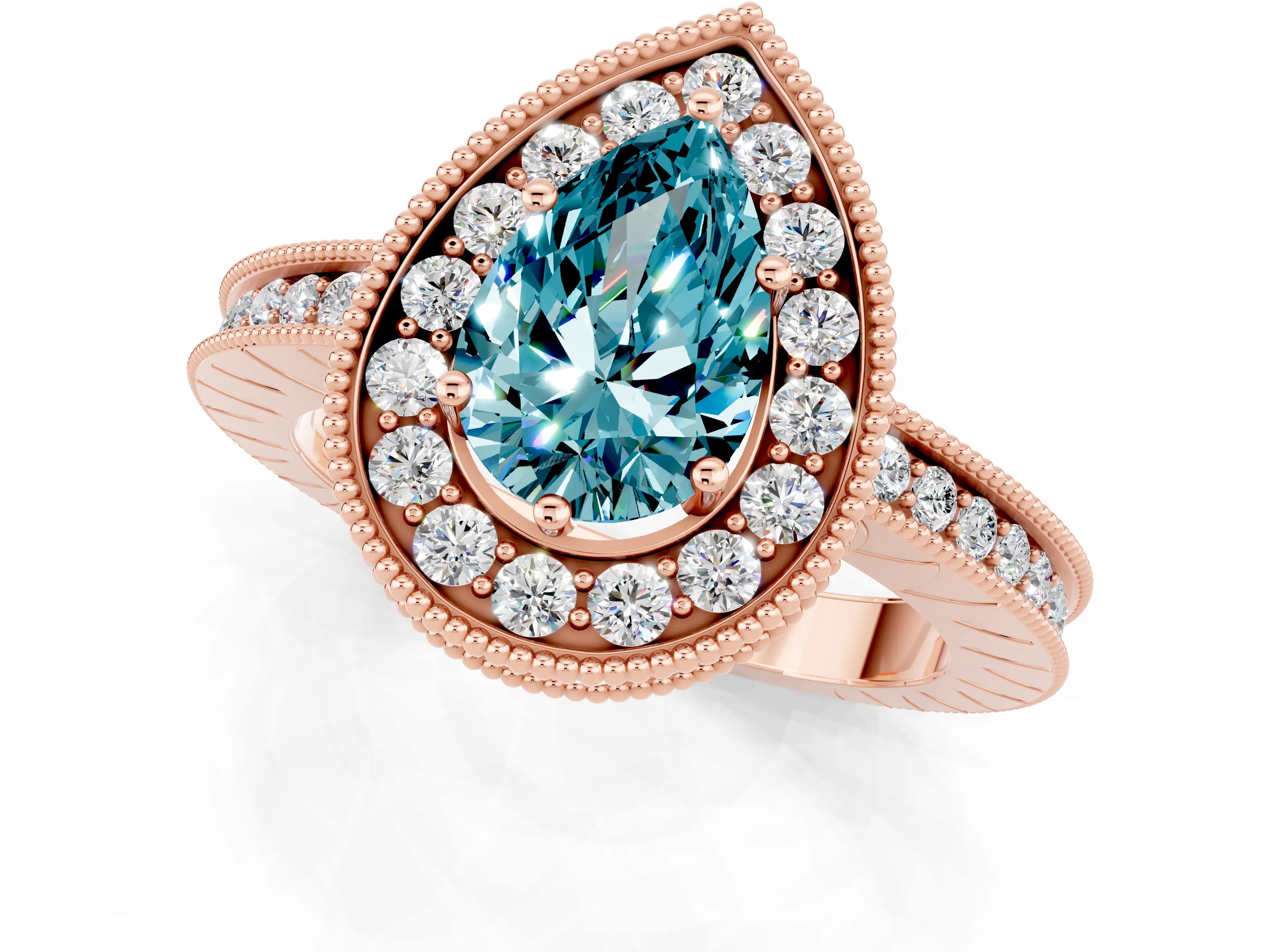 Rose gold Pear Cut Halo Diamond Engagement Ring with Milgrain Pave Band and Four-Prong Setting_1
