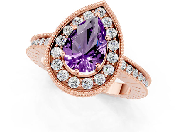 Rose gold Pear Cut Amethyst Milgrain Halo Engagement Ring with Round Pavé Band and Prong Setting